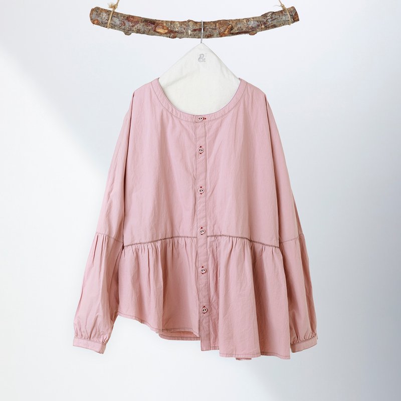 圆舞曲细褶斜摆开襟上衣 - 女装上衣 - 棉．麻 粉红色