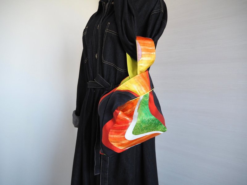 日本制手工 和服带改制 2WAY 手提迷你托特包 独一无二 - 手提包/手提袋 - 丝．绢 多色