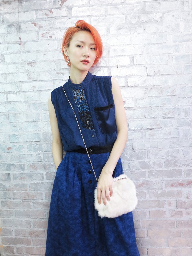 Lucid Dream‘黛蓝压褶无袖衬衫’ - 女装衬衫 - 聚酯纤维 蓝色