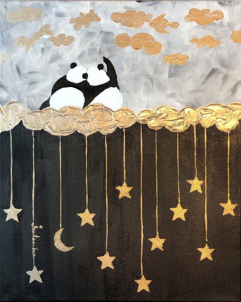 Panda Painting Animal Original Art Gold Artwork Bears Wall Art Minimalist - 海报/装饰画/版画 - 其他材质 金色