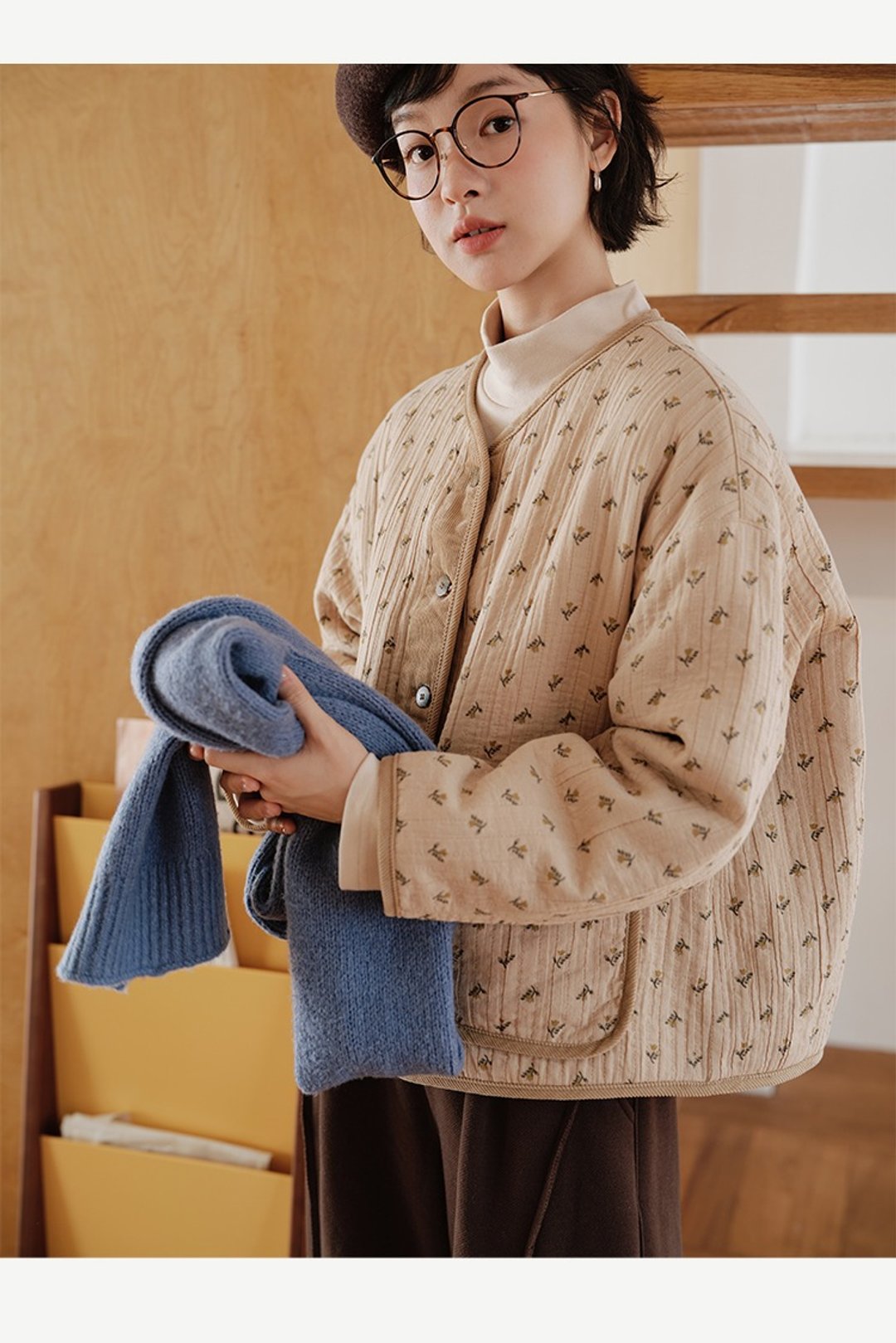 纯棉杏色碎花开衫外套长袖 - 女装休闲/机能外套 - 棉 多色