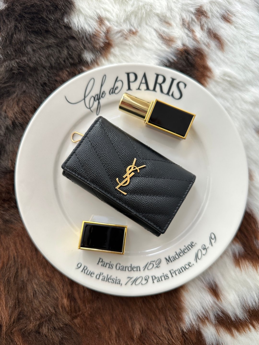 中古品 YSL 圣罗兰 黑色荔枝牛皮锁匙包 - 零钱包 - 真皮 黑色