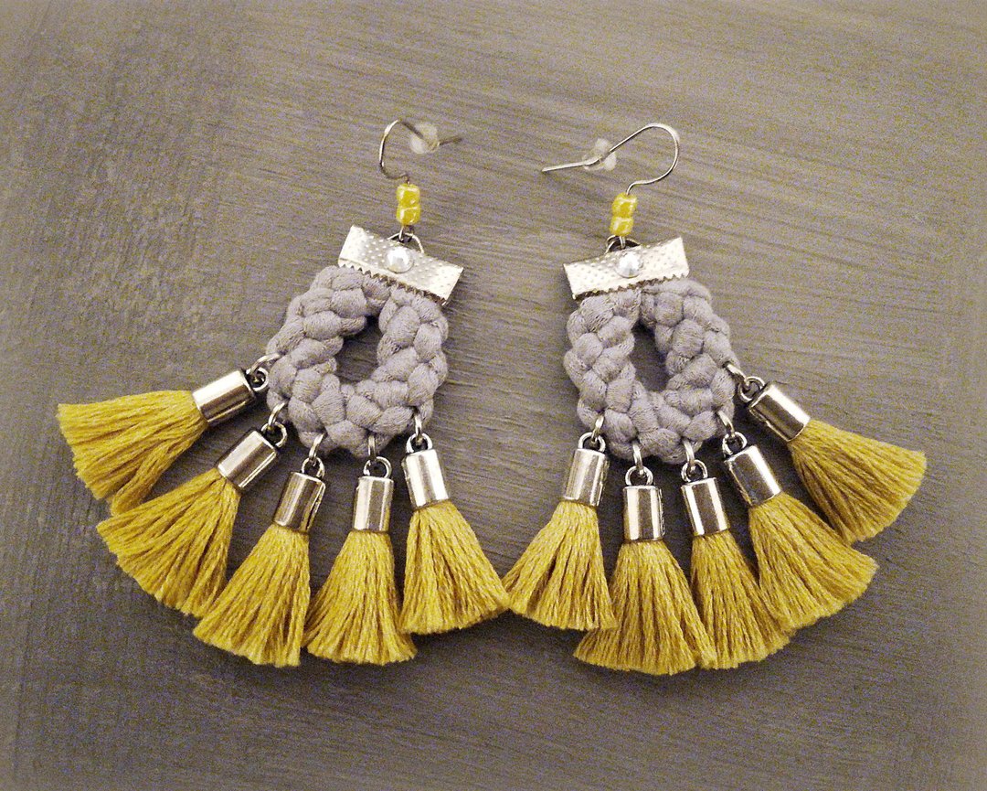 Womens Fashion Boho Tassel Earrings Yellow Gray Bohemian Jewelry Gift - 耳环/耳夹 - 棉 黄色