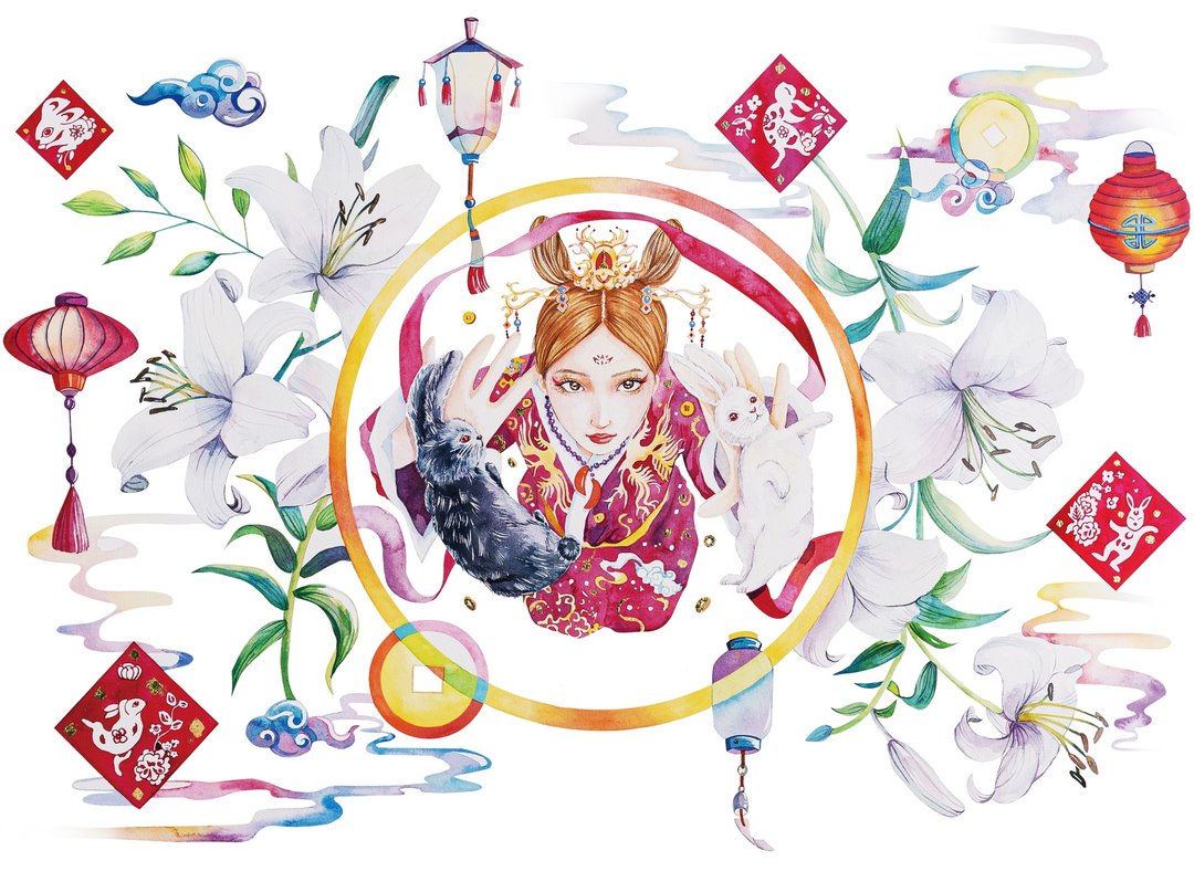 钱兔似锦-兔子/黑兔年/插画/美术设计/艺术挂画/东方文化/掷筊/文 - 海报/装饰画/版画 - 纸 红色