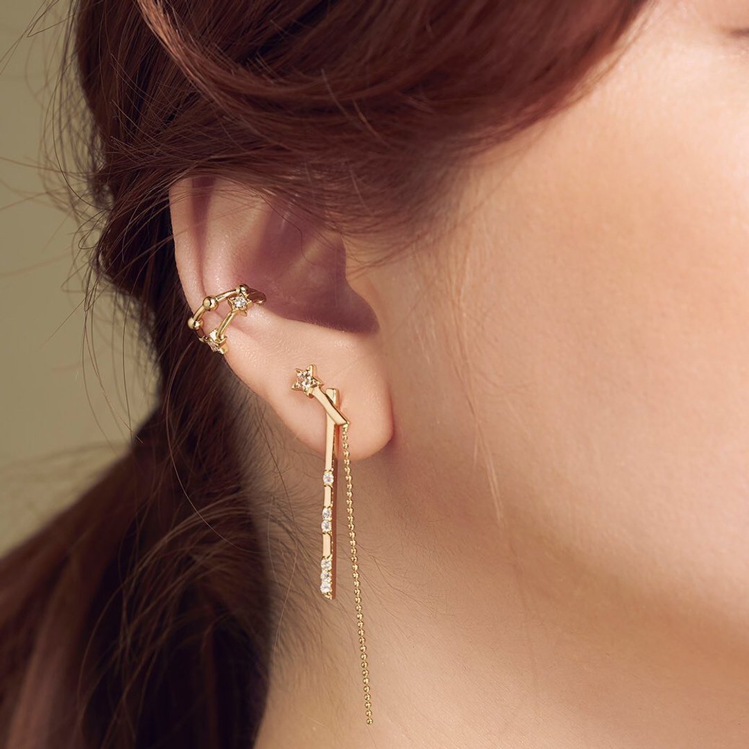 Feo Stars Hoop Ear cuff Fashion Jewelry (Silver92.5 / Natural Gemstone) - 耳环/耳夹 - 半宝石 金色