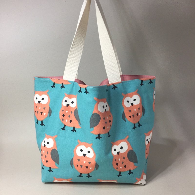 adoubao-双面包 购物袋 环保袋 肩背包-青碧x猫头鹰 - 侧背包/斜挎包 - 棉．麻 蓝色