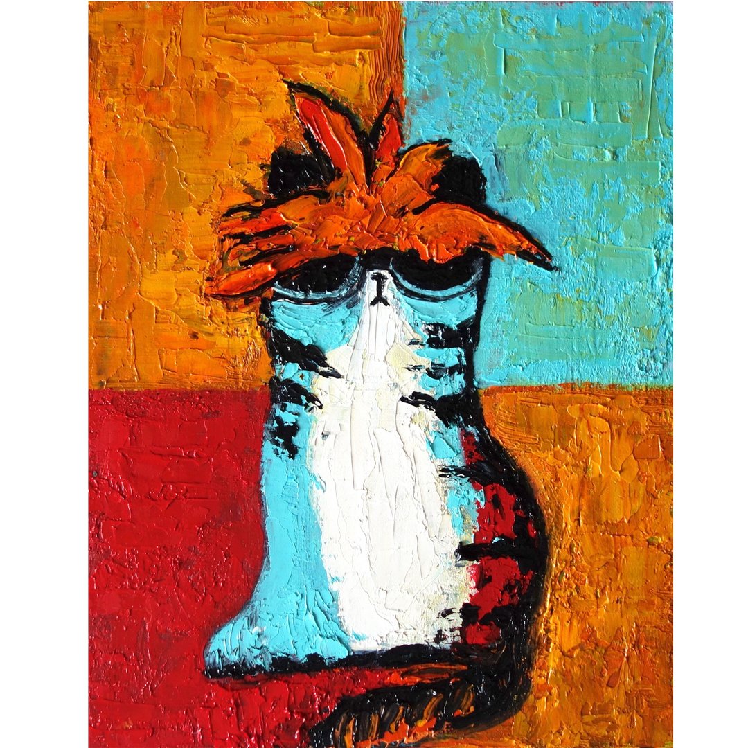 Abstract Cat Painting Oil Pet Original Art Animal Artwork Impasto Canvas Art - 海报/装饰画/版画 - 颜料 多色