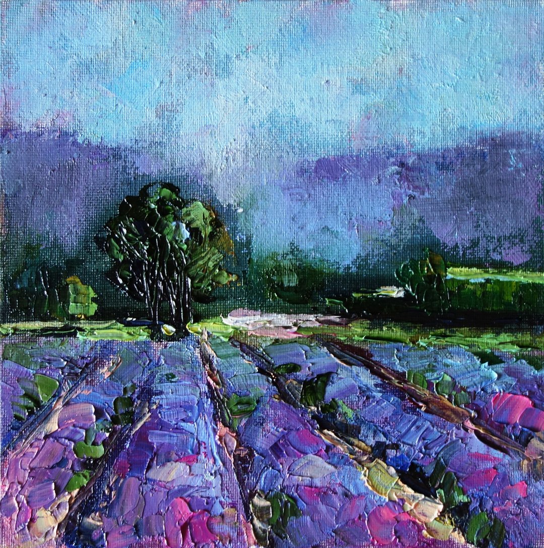 Lavender Fields Painting Oil Tuscany Original Art Landscape Artwork Canvas Art - 海报/装饰画/版画 - 颜料 多色