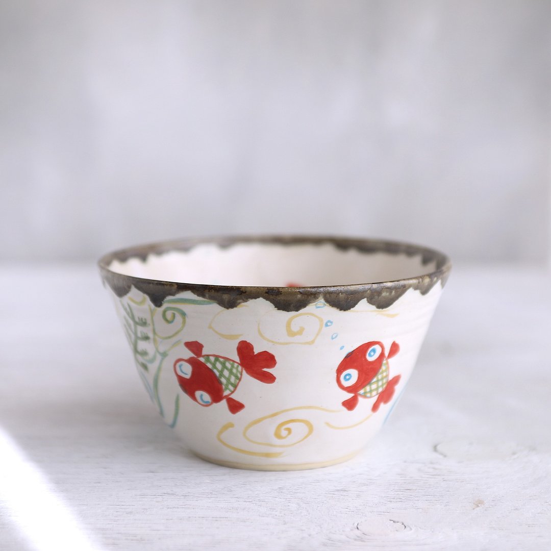 A bowl of aquatic plants and a red goldfish painting - 碗 - 陶 红色