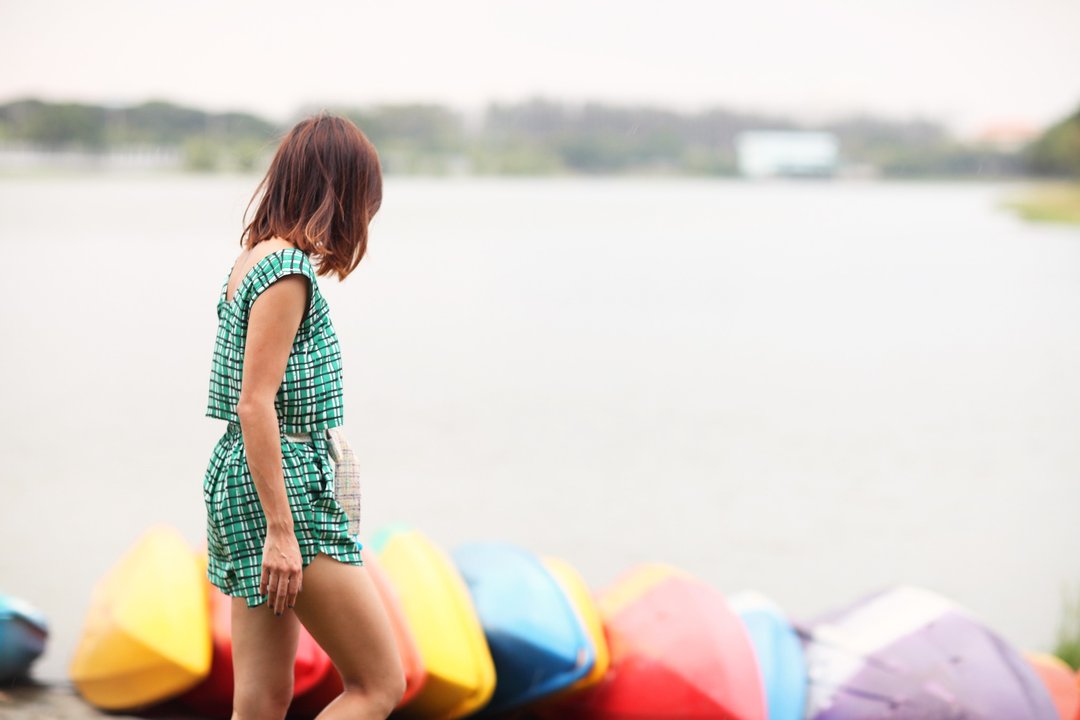 'MUFFIN SET' [TOP & SHORTS] Crop Top + Beach Shorts in Green Bamboo. - 女装长裤 - 棉 绿色