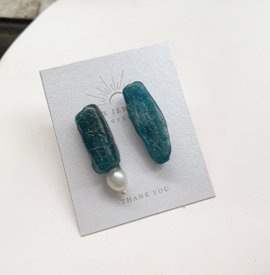 925银 原矿系列 蓝磷灰珍珠耳环 - 耳环/耳夹 - 半宝石 蓝色