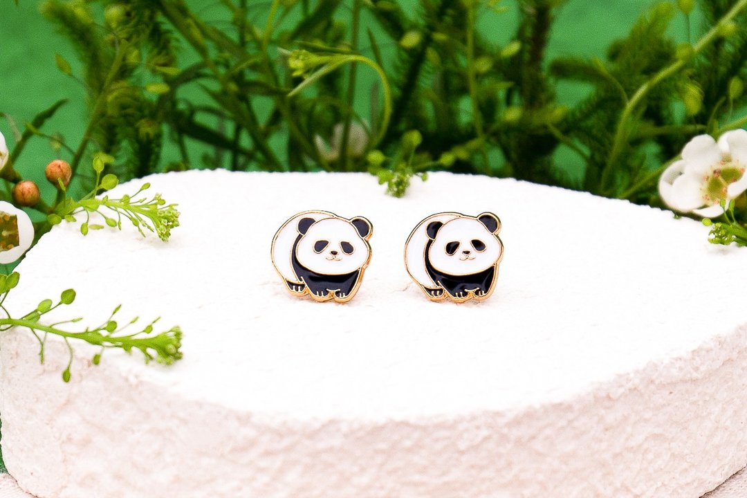 大熊猫 Panda 山系可爱动物 夹式耳环 生日礼物 纸盒包装 - 耳环/耳夹 - 珐琅 白色