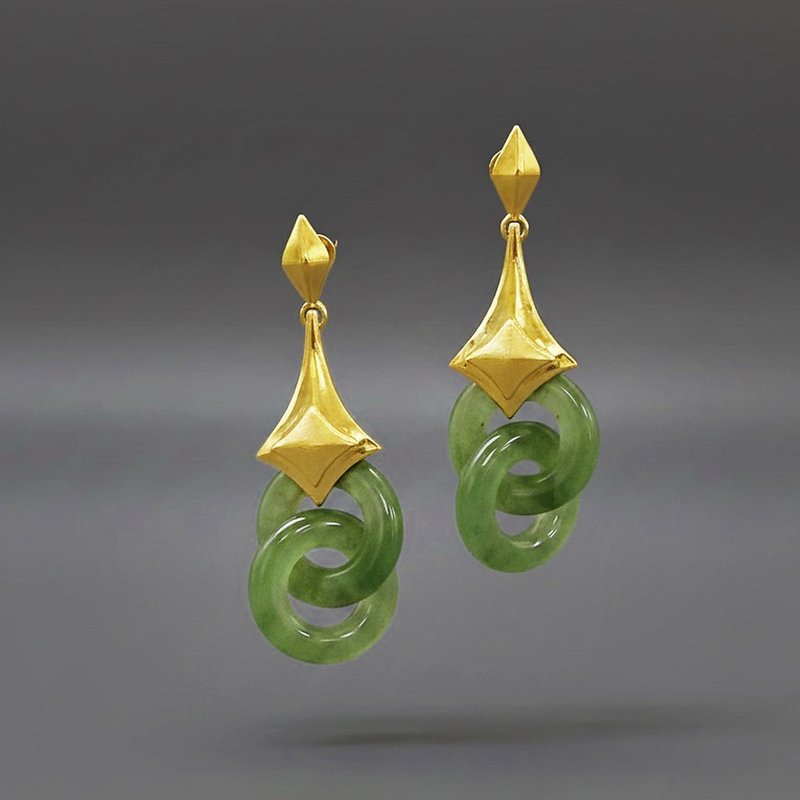 环环 玉 耳环 天然碧玉  A货 双连环 手工切磨 925 纯银 礼物 - 耳环/耳夹 - 玉石 绿色