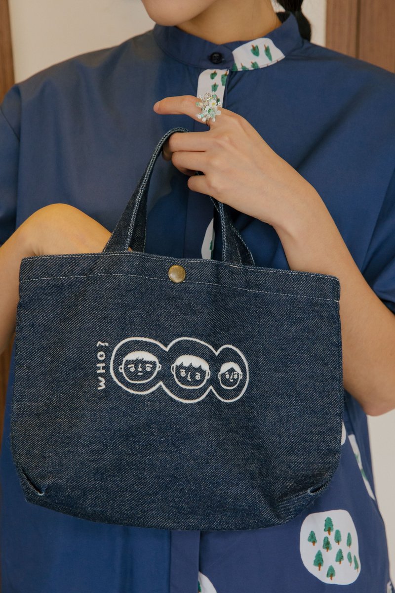 牛仔布 刺绣随身提袋 WHO咖啡豆邻居 iii野餐袋 外出小袋 - 手提包/手提袋 - 棉．麻 蓝色