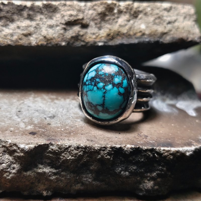 天然绿松石宽版银戒 - 戒指 - 宝石 绿色