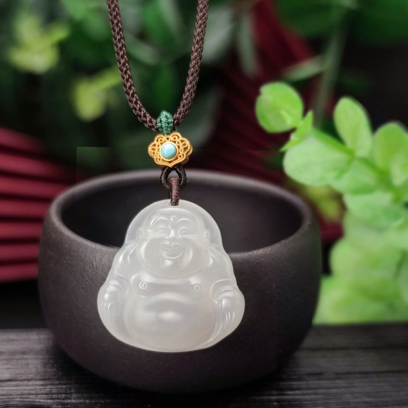 和田玉大肚笑佛佛公吊坠 白色偏粉玉项錬 配手工编绳 细腻油润 - 项链 - 玉石 白色