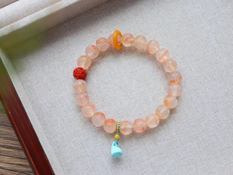 9mm天然原矿南红莲花珠 绿松石莲蓬南红牡丹花珠设计单圈手串 - 手链/手环 - 半宝石 红色