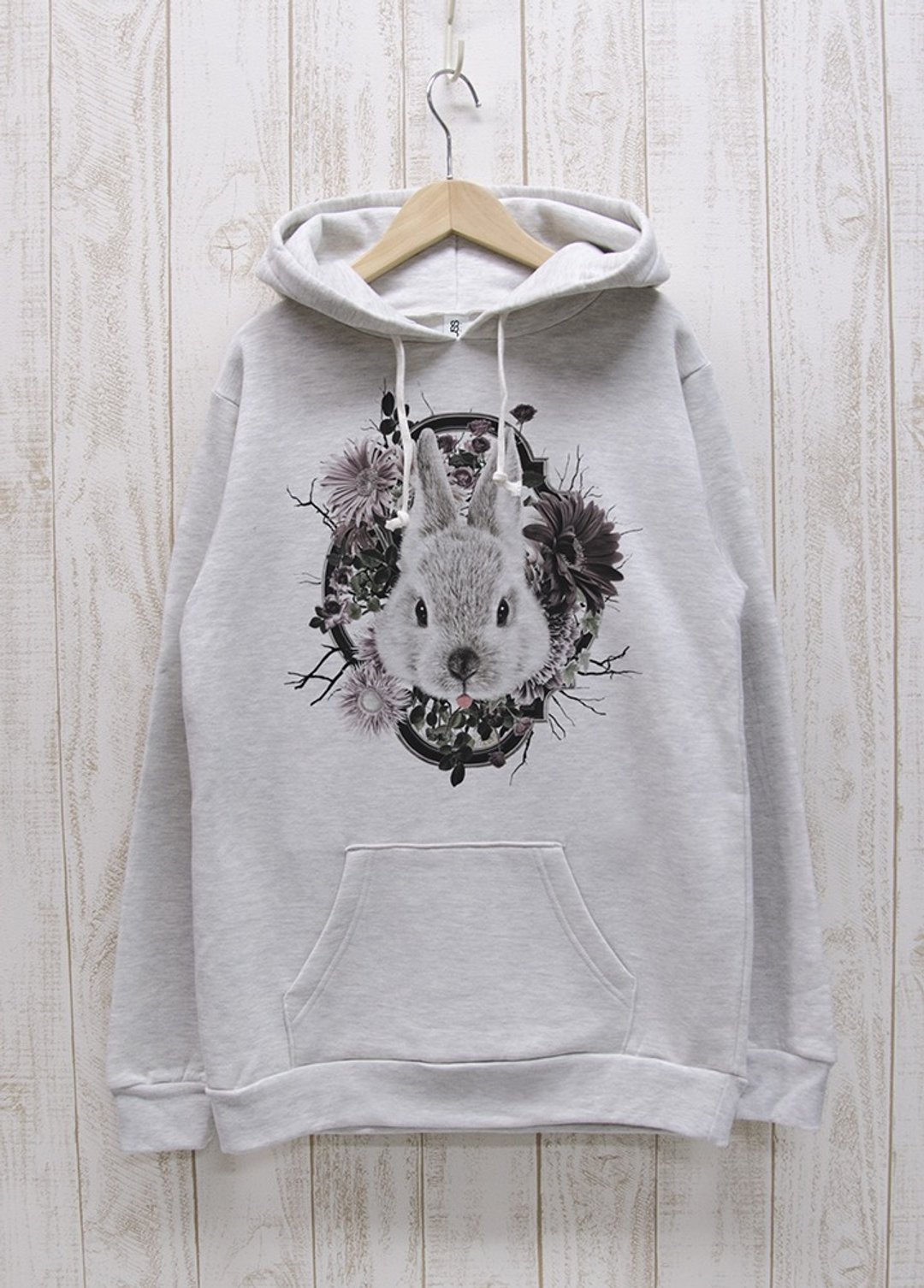 ronronRABIT Parker Flower Frame Heather White / R033-P-HWH - 中性连帽卫衣/T 恤 - 棉 白色