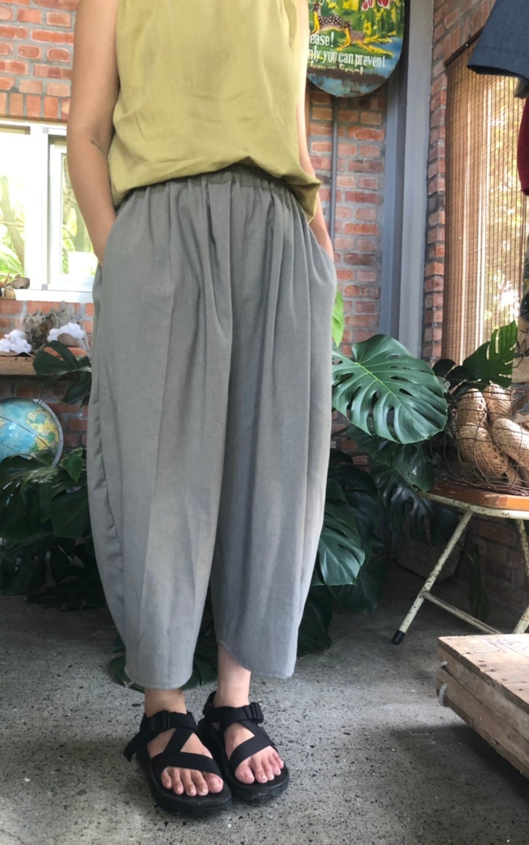 手作服  日系棉麻宽松泡泡口袋灯笼裤 页岩灰色 - 女装长裤 - 棉 灰色