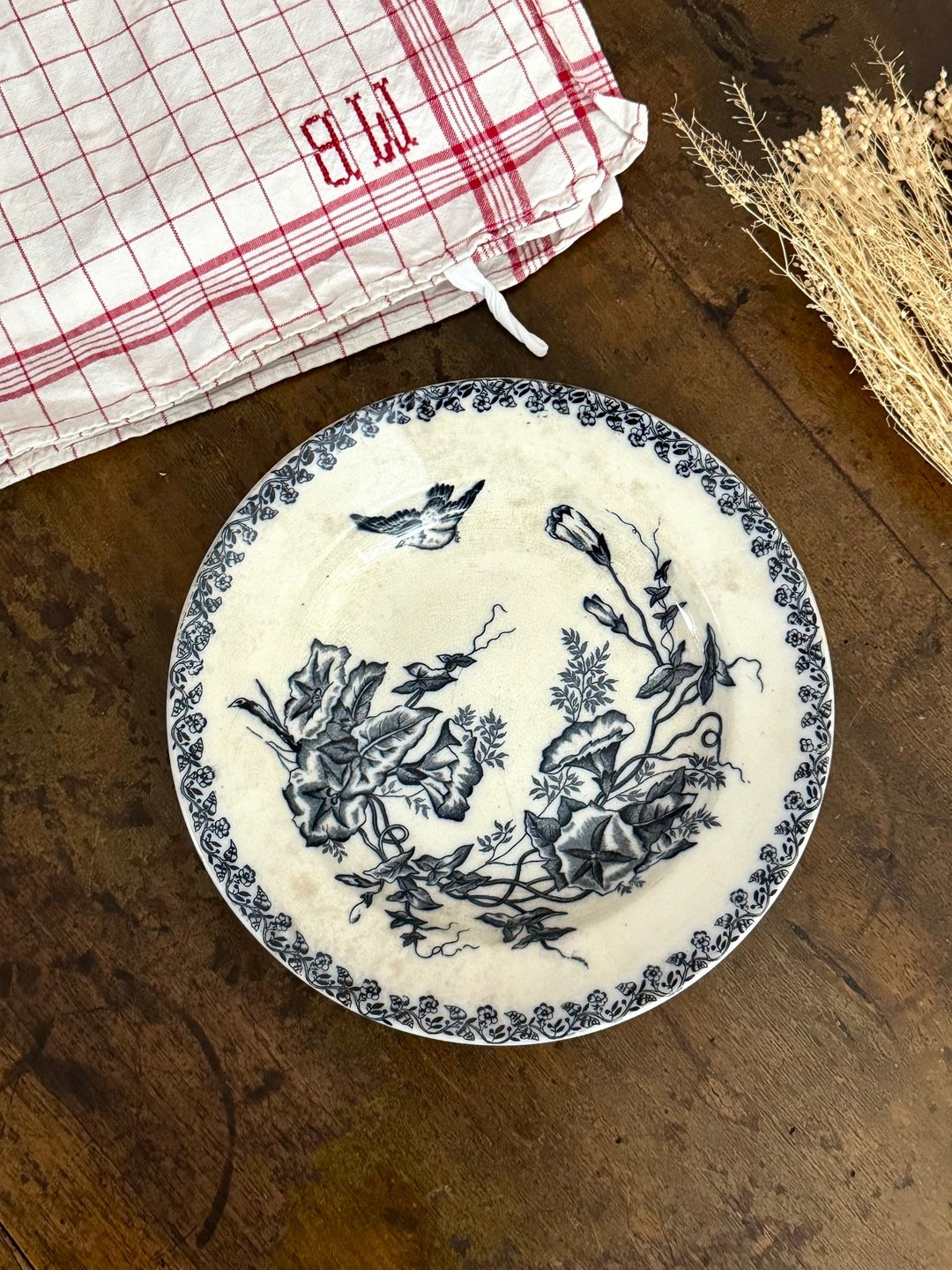 50153-浪漫法国古董Onnaing Liseron 蓝白色小鸟牵牛花深盘汤皿 - 盘子/餐盘/盘架 - 瓷 