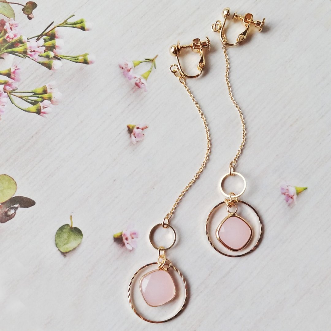 Smokey pink stone and ring Earrings - 耳环/耳夹 - 玻璃 粉红色