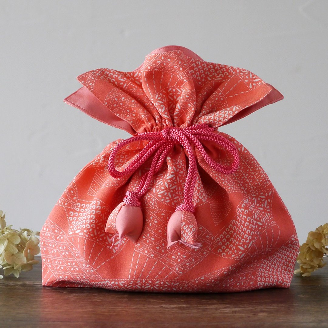 Kimono drawstring purse Happiness FUGURO fan letter medium size - 化妆包/杂物包 - 棉 粉红色