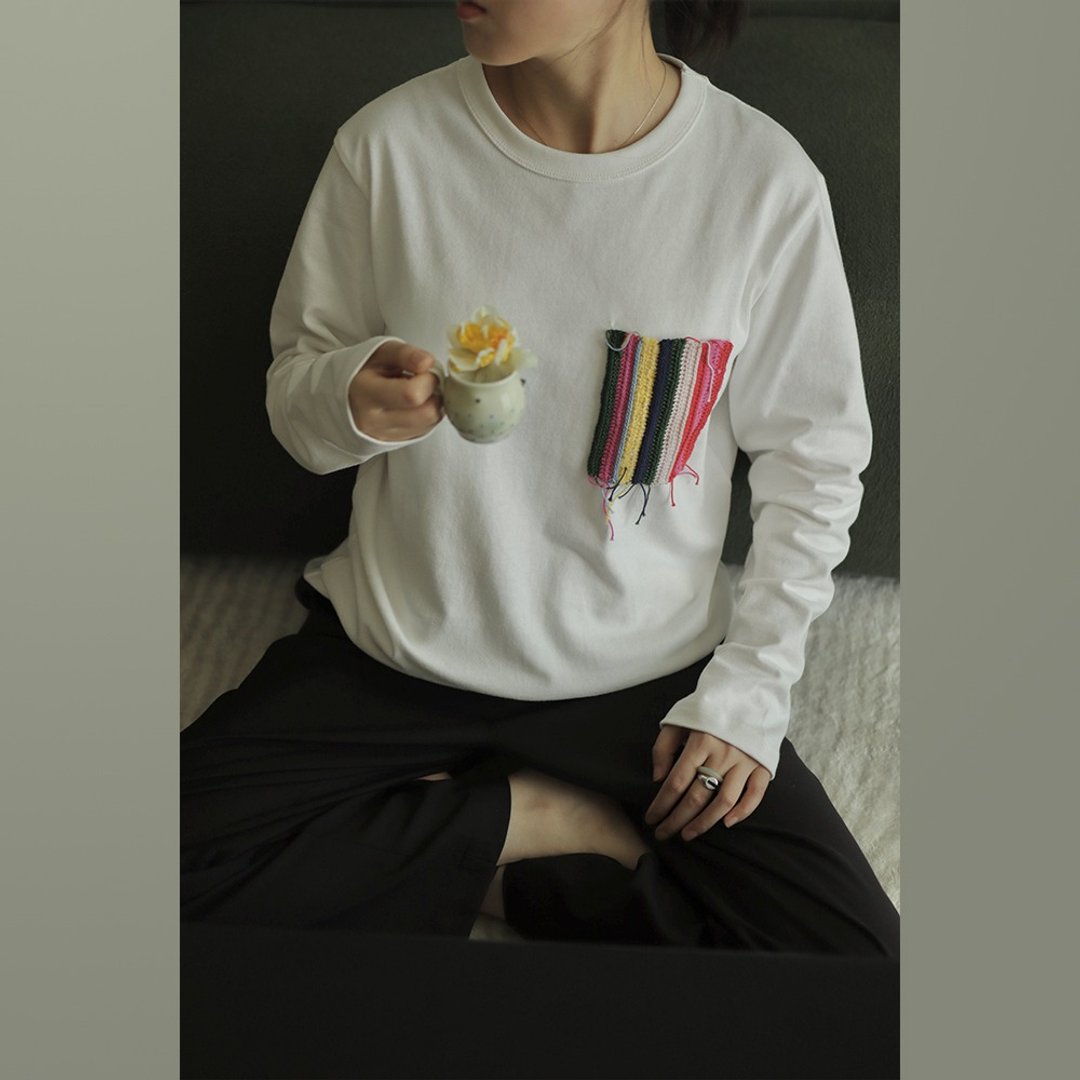 彩虹钩织棉质长体恤 休闲舒适基本款 男女同款 上衣 - 中性连帽卫衣/T 恤 - 棉 多色