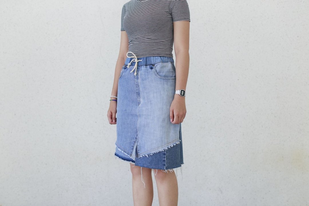 牛仔拼布裙 denim patchwork skirt - 裙子 - 棉 蓝色