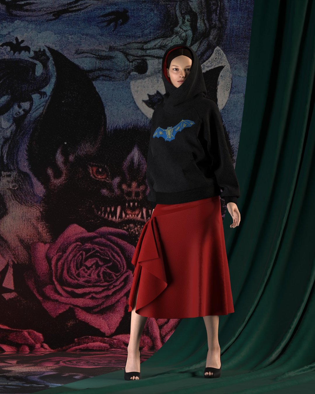 Black suede hoodie with embroidery/Oversized hoodie for women - 中性连帽卫衣/T 恤 - 聚酯纤维 黑色