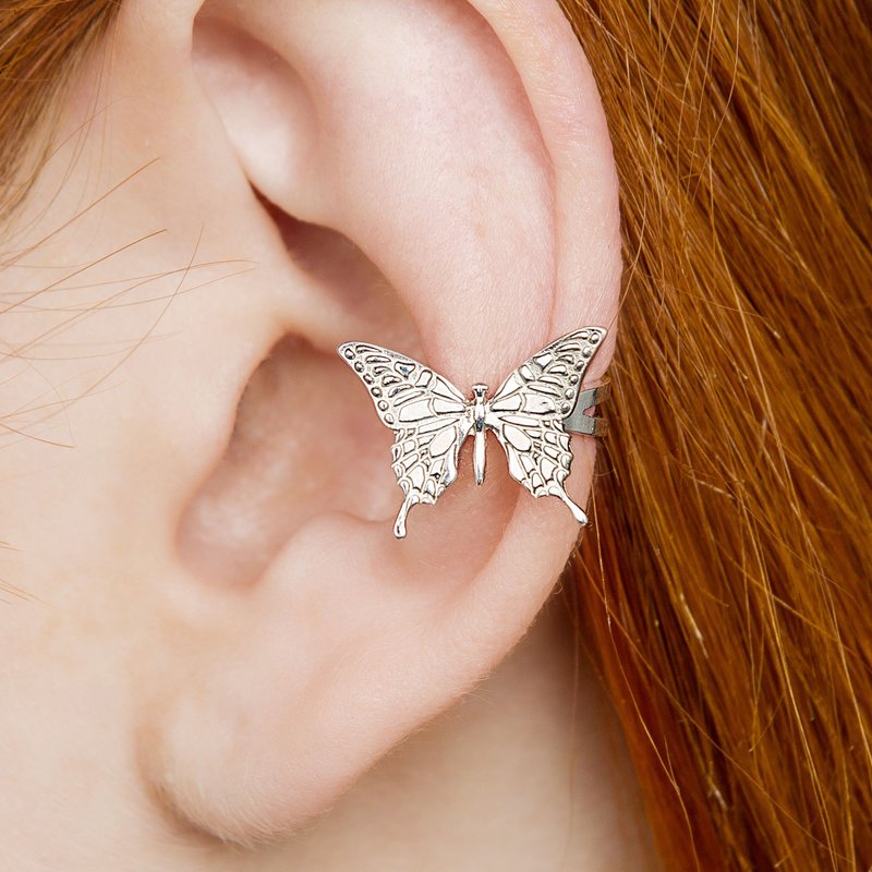 Butterfly ear cuff silver no piercing - 耳环/耳夹 - 纯银 银色
