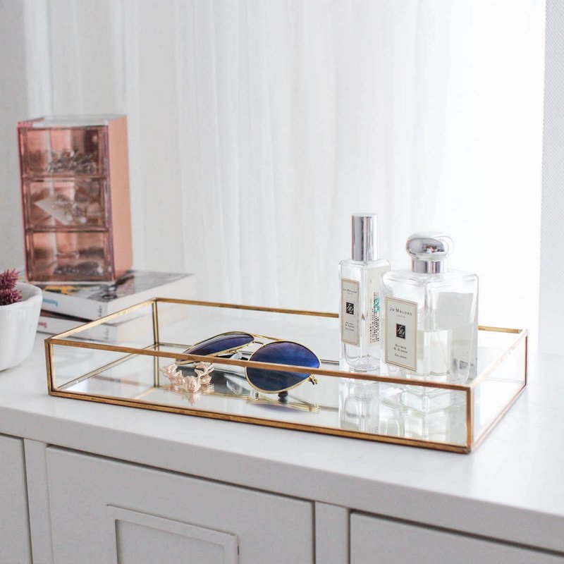 复古金铜框 长方玻璃托盘 - 摆饰 - 玻璃 金色