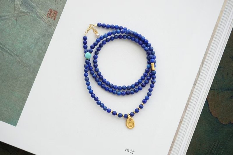 天然青金石绿松石项链 天然青金石圆珠搭配绿松随行银财神种子4mm - 项链 - 水晶 