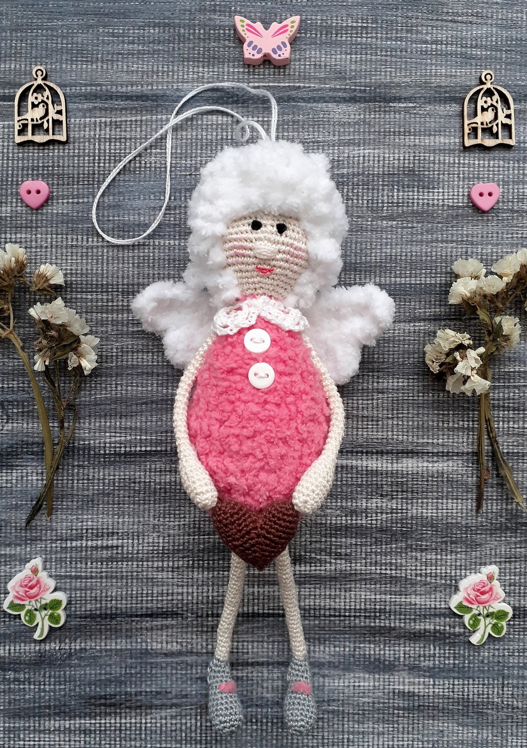 天使娃娃钩编装饰填充 Amigurumi 手工玩具婴儿毛绒柔软 - 玩具/玩偶 - 棉 粉红色