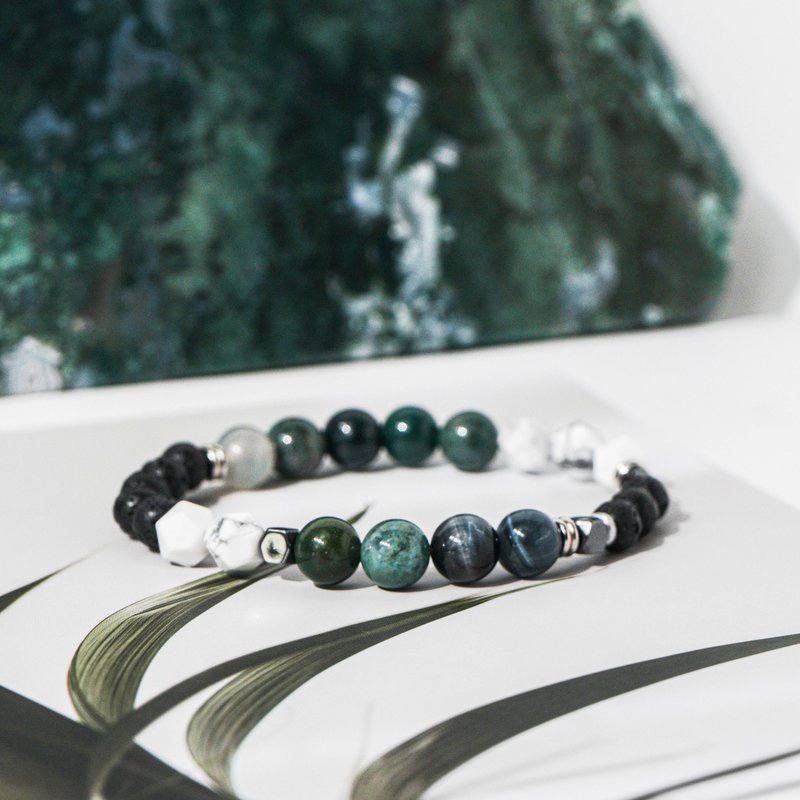 水草玛瑙、蓝虎眼、火山石、白松石手链 - 手链/手环 - 石头 绿色