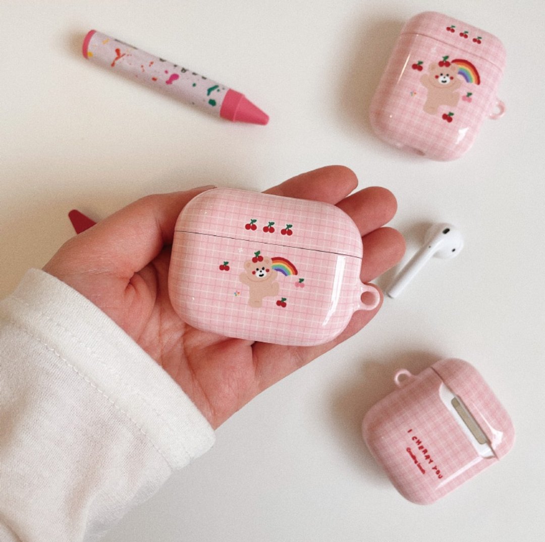 樱桃小熊彩虹 airpods 耳机保护壳 / 耳机保护套 - 耳机收纳 - 塑料 粉红色