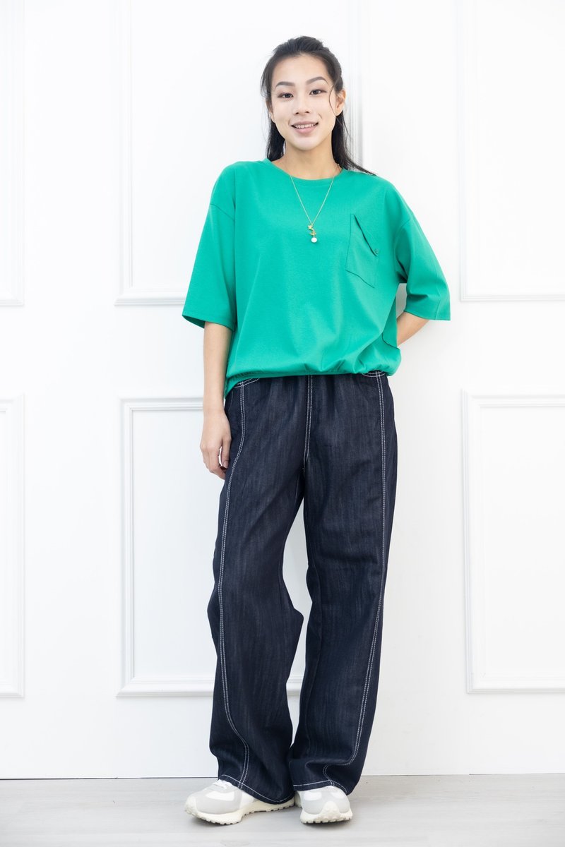 下侧钮扣五分袖素面上衣 草绿色 - 女装 T 恤 - 其他材质 绿色