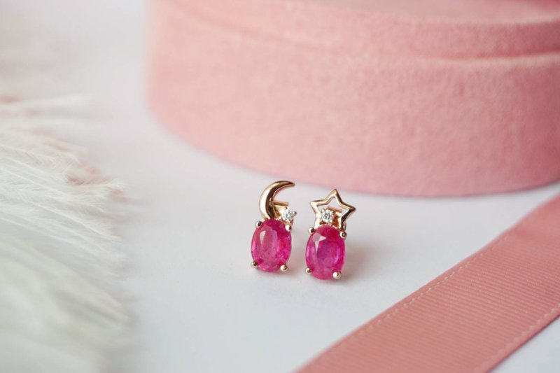 Stud Earrings Natural Ruby Silver925 With Rose gold Plated. - 耳环/耳夹 - 纯银 红色