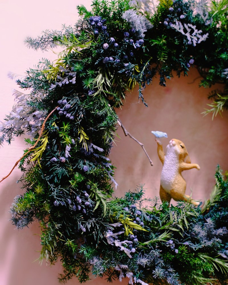 永生雪松圣诞花圈 森林系兔兔  蓝莓果实 - 干燥花/捧花 - 植物．花 绿色