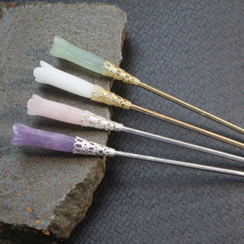 【藏金湖】天然玉石木兰簪｜白玉,岫玉,粉晶,紫水晶｜纯铜镀银,镀１８Ｋ金｜手作发饰发簪,中国古风饰品,步步惊心 - 发饰 - 宝石 多色