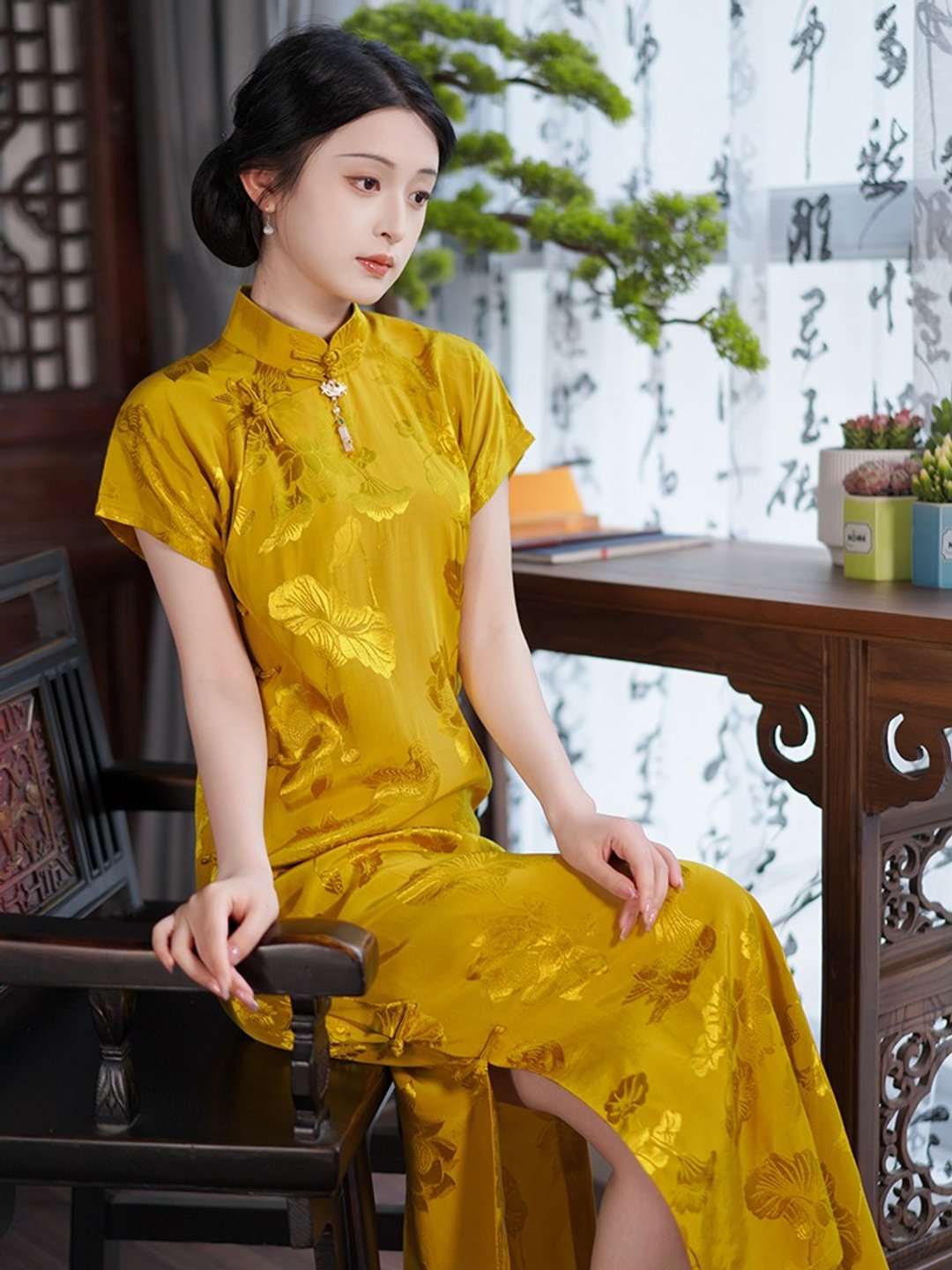 金風玉露 黃色氣質優雅日常可穿旗袍 年輕款高級感短袖洋裝 - 旗袍 - 聚酯纤维 黄色