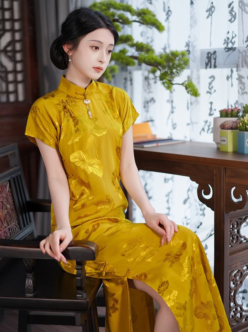 金風玉露 黃色氣質優雅日常可穿旗袍 年輕款高級感短袖洋裝 - 旗袍 - 聚酯纤维 黄色