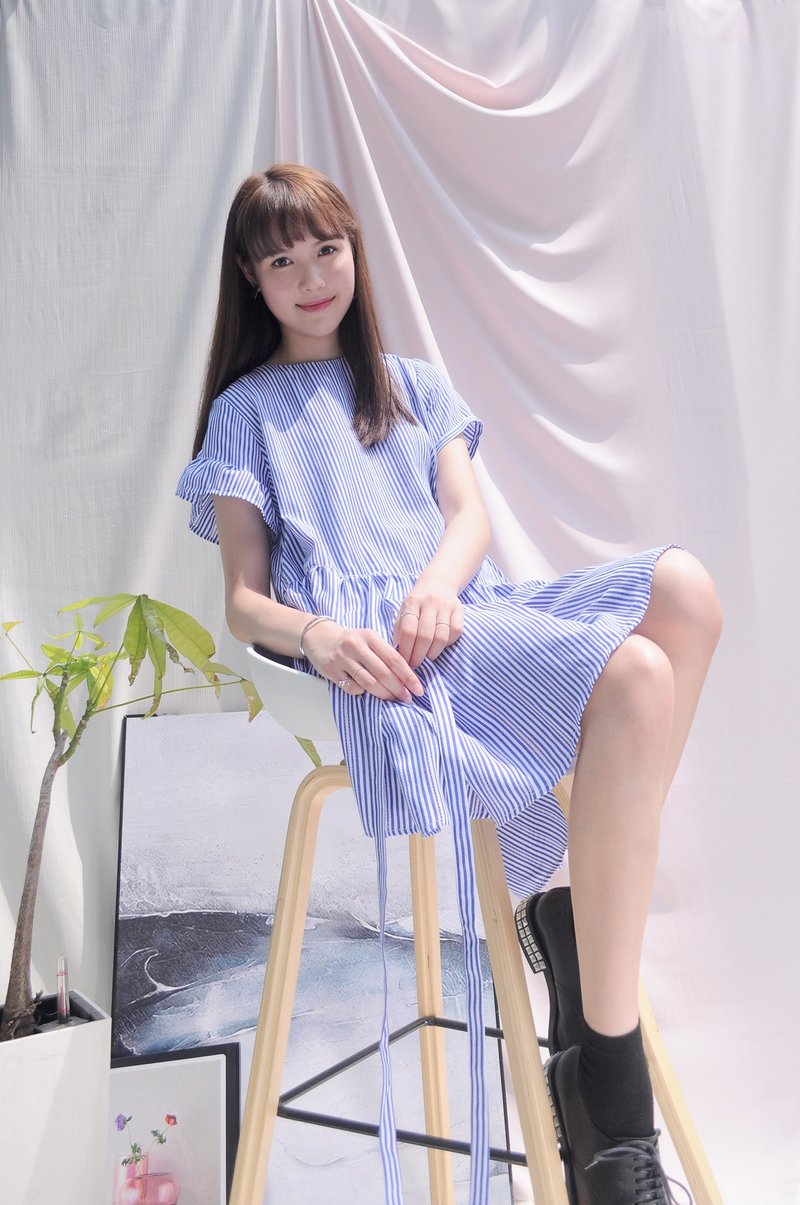 Leia Dress通花直间绉褶斜斜连身裙(另附腰带) - 洋装/连衣裙 - 其他人造纤维 蓝色