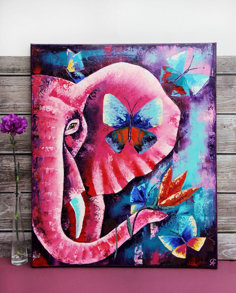 Pink Elephant Painting 油畫原作 Animal Original Art Butterflies Wall Art 50 by 60 cm - 海报/装饰画/版画 - 其他材质 紫色