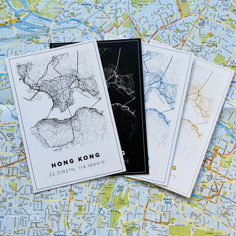香港中心路线地图明信片(4款颜色) - 卡片/明信片 - 纸 多色