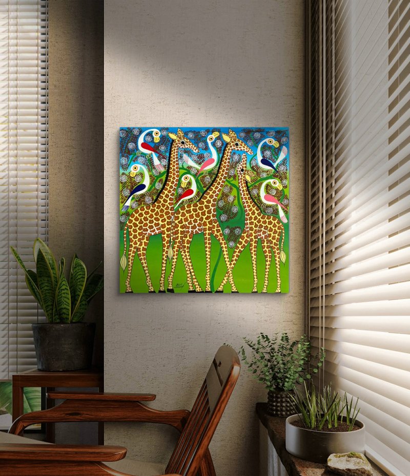 【V185 长颈鹿与鸟】坦桑尼亚手绘画作,挂画,居家装饰,礼物 - 海报/装饰画/版画 - 其他材质 