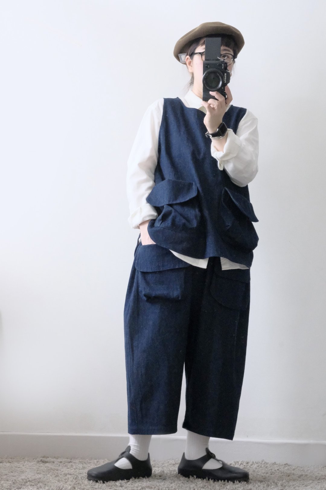 双层大口袋背心 厚磅牛仔深海蓝 - 女装背心 - 棉 蓝色