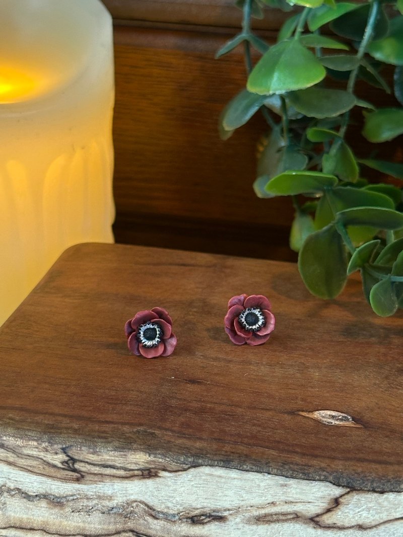 银莲花 白头翁 Anemone 殷红色 不锈钢耳针 - 耳环/耳夹 - 陶 红色