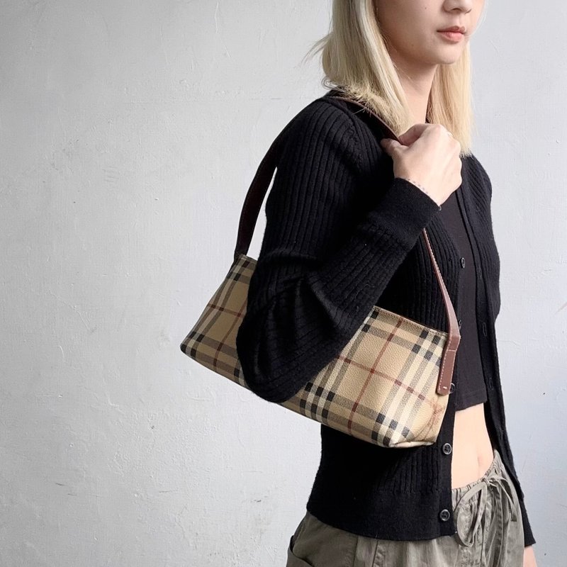 Vintage Burberry 经典格纹腋下包 - 手提包/手提袋 - 真皮 咖啡色