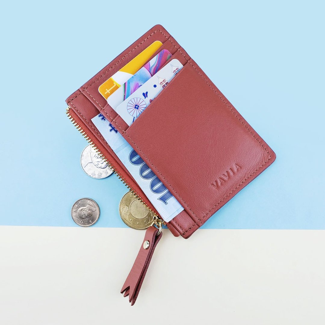 RED Ochre : Zipped Card Purse / Cow Leather - 皮夹/钱包 - 真皮 咖啡色