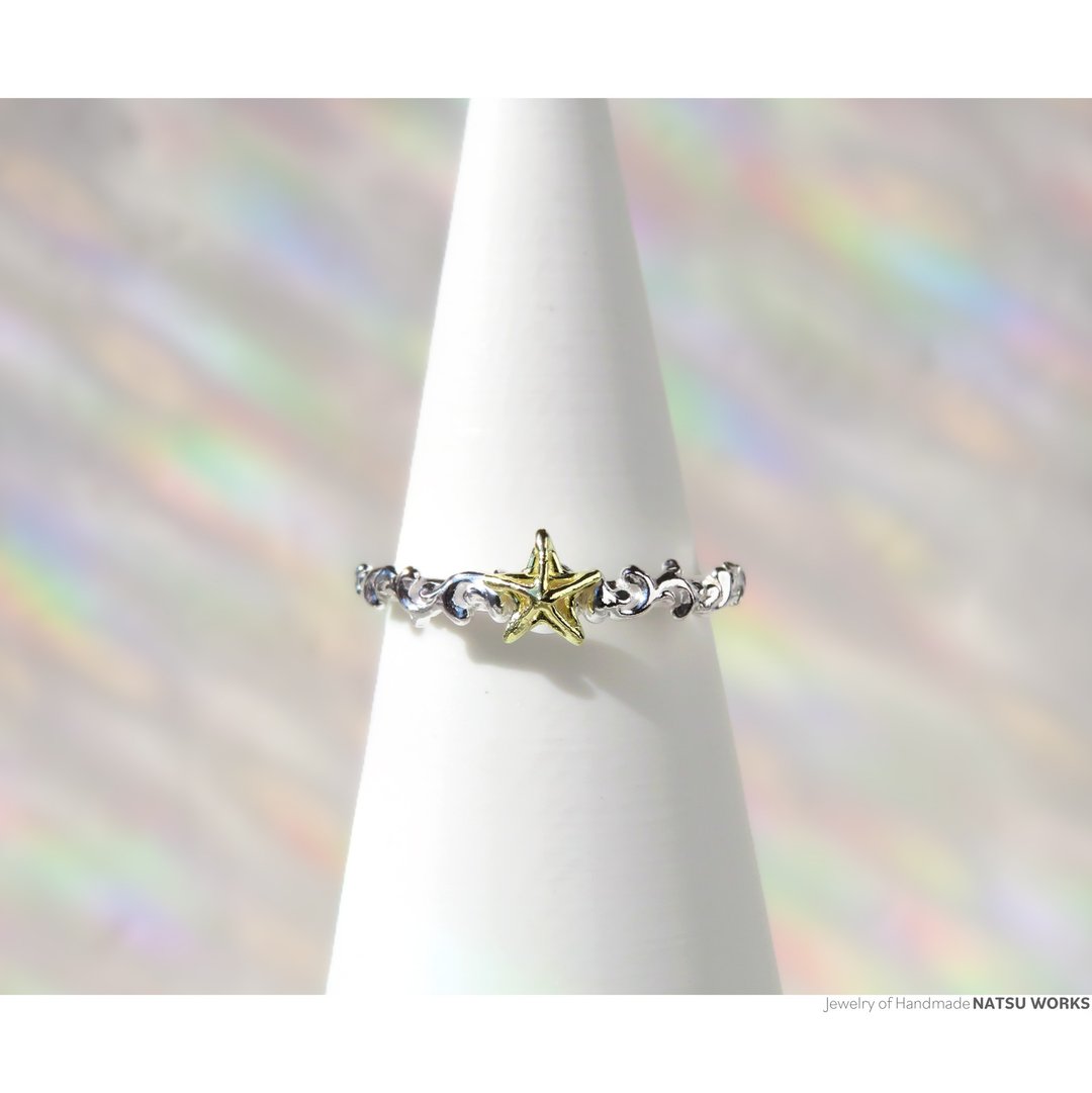 金色星辰戒指 / Gold Star and Botanical Silver Ring - 戒指 - 宝石 金色